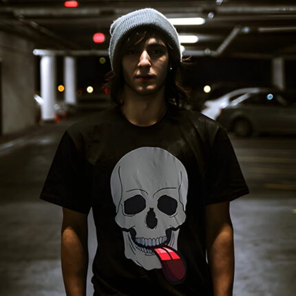 A man stands in a parking lot wearing a skull t-shirt with a glowing tongue design illuminated by an EL panel