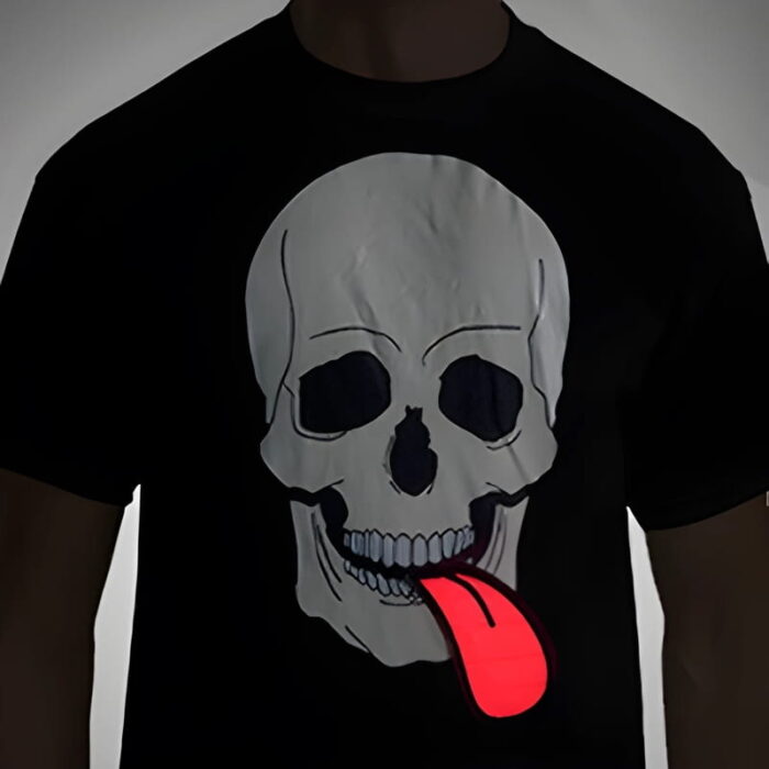 LED T-Shirt with Skull screen print and glowing tongue lighting up fully