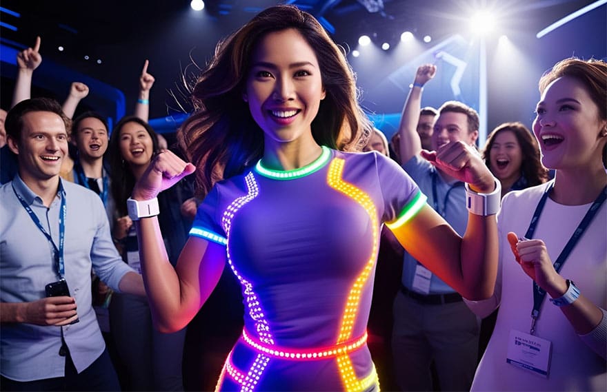 A woman in a bright neon dress is dancing energetically with others