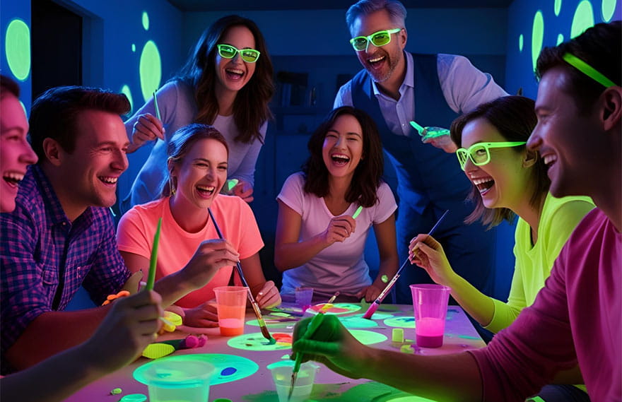 Friends celebrating at a party with glow-in-the-dark activities