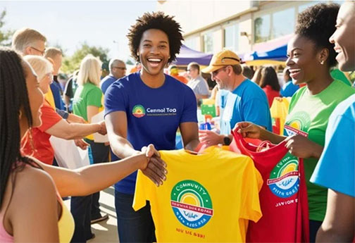 A group of people wearing colorful promotional t-shirts, smiling and standing together in a lively outdoor setting