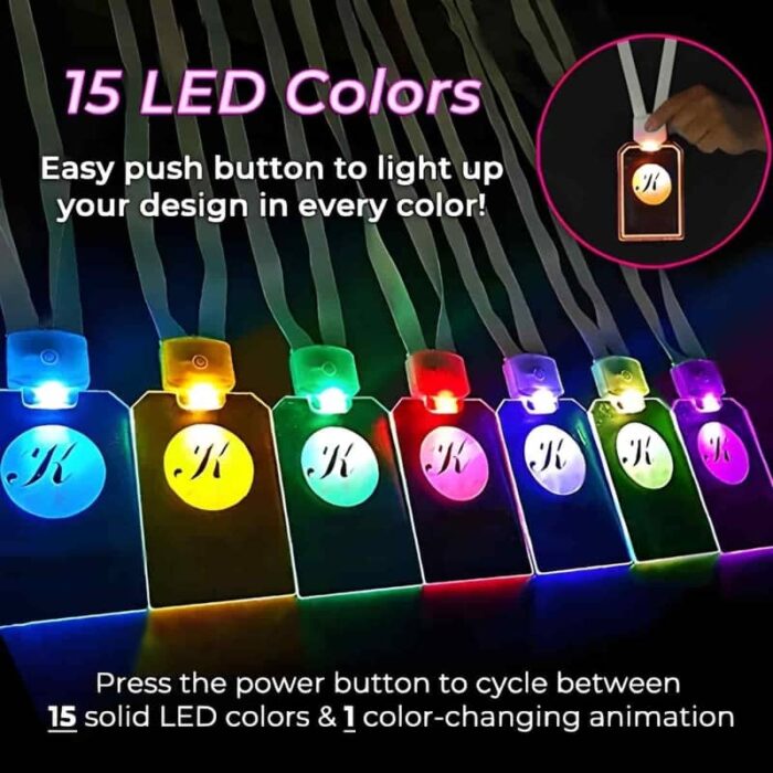 diagram showing the same custom led id badge design lighting up in up to 15 different colors