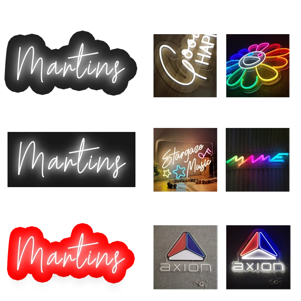 Diagrams showing three different options available for acrylic backing on LED neon signs: cut to shape, cut to rectangle, or with UV print showing all three choices with picture examples