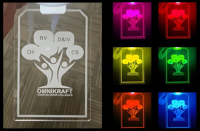 Close up of laser engraved design on clear acrylic ID badge next to 8 images of it fully lit up different neon colors