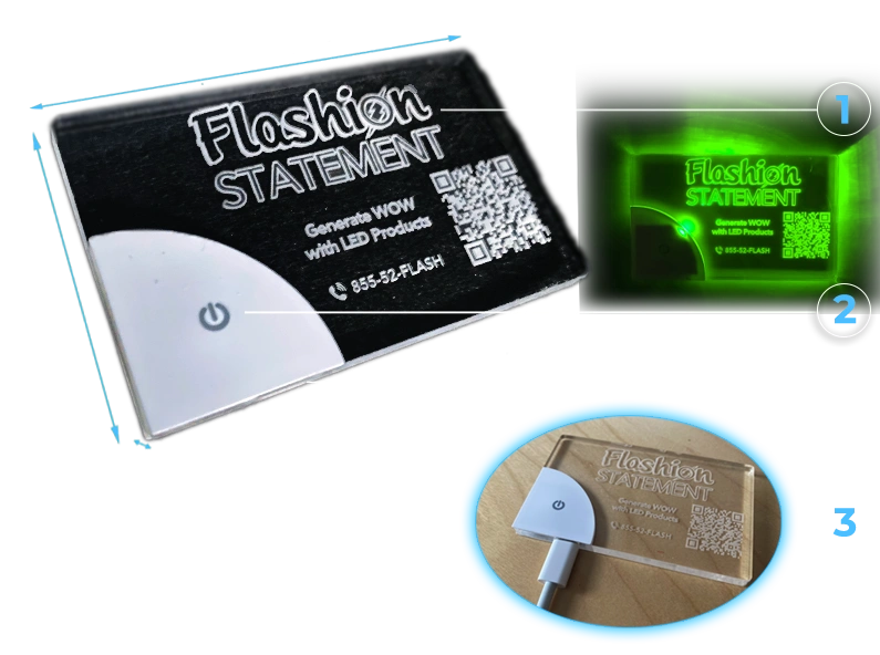 Diagram showing how LED business cards are laser engraved and light up with a USB battery pack