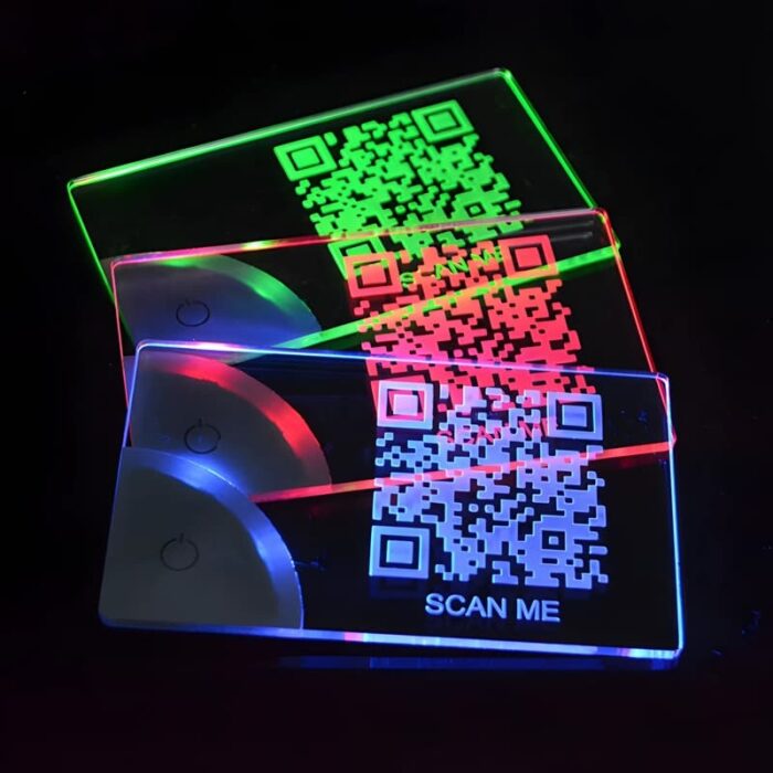 Light up business cards with a QR code illuminated in green, red, and blue