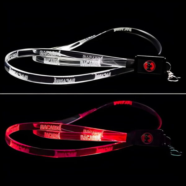Diagram showing clear LED Lanyard turned off with Bacardi logo laser engraved, with the same lanyard pictured below turned on glowing bright red
