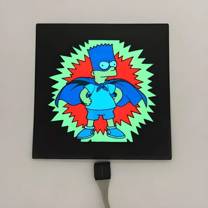 Bart Simpson super hero design lighting up on black EL panel in light setting