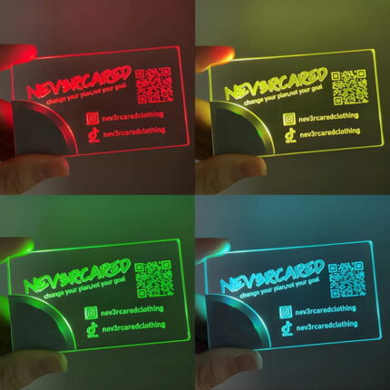 Grid of four pictures showing the same laser engraved print on acrylic LED business cards, each lighting up a different color