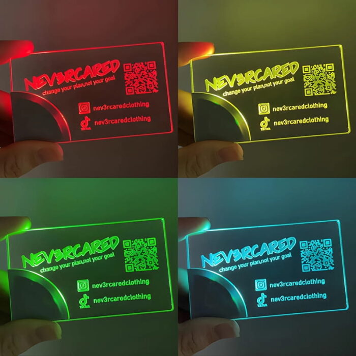 Grid of four pictures showing the same laser engraved print on acrylic LED business cards, each lighting up a different color
