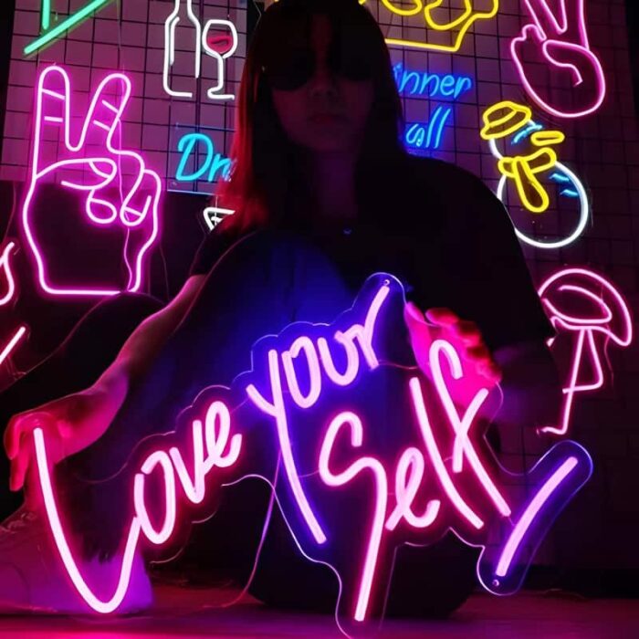 collage of LED light up signs with inspirational sayings