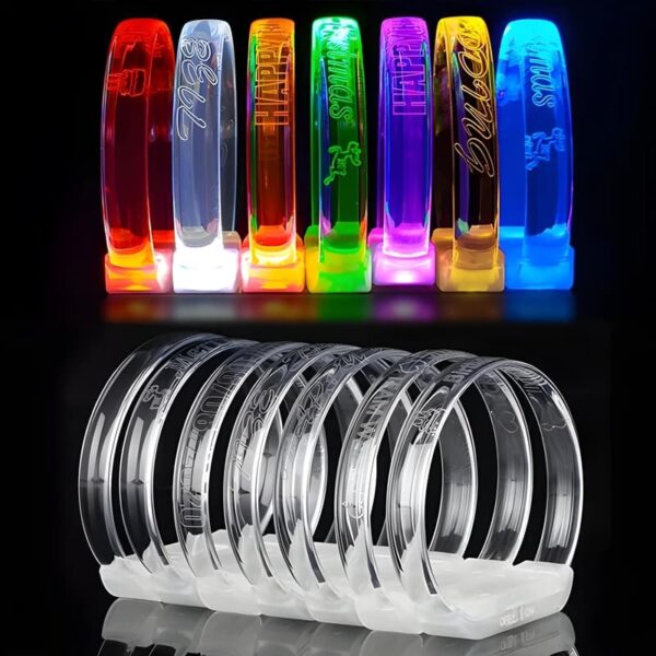 seven different style fonts and logos laser engraved onto LED bracelets, top half of photo showing the bracelets on and lighting up different colors, bottom half showing the same bracelets off and are clear