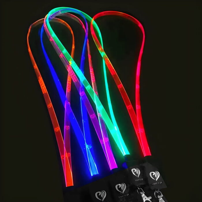 5 colorful lanyards illuminating in orange, blue, pink, green and red