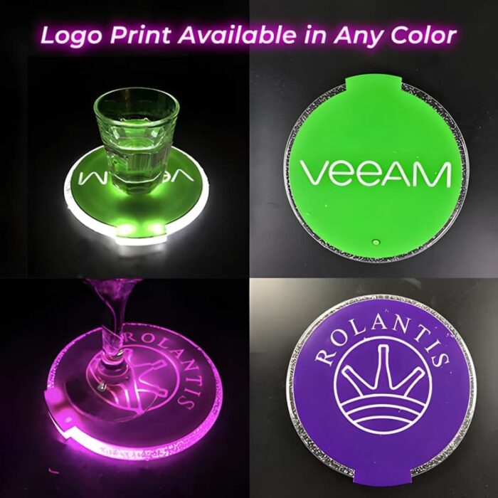 Printed logos on bright backgrounds for custom led coasters