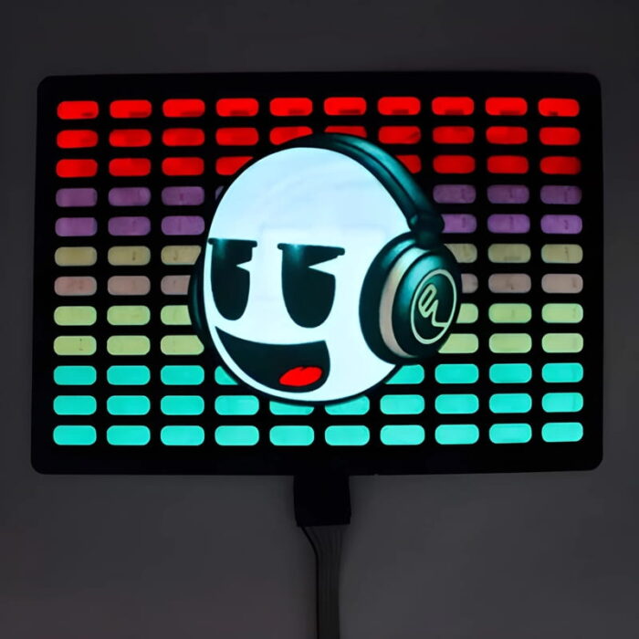 DJ icon wearing headphones with equalizer background lit up fully on el panel