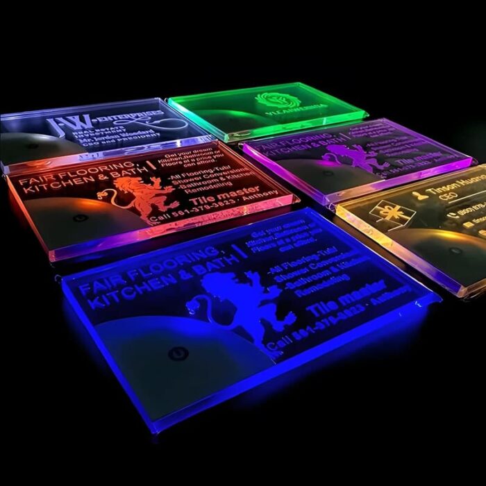 6 different LED business card designs all lighting up a different solid LED color