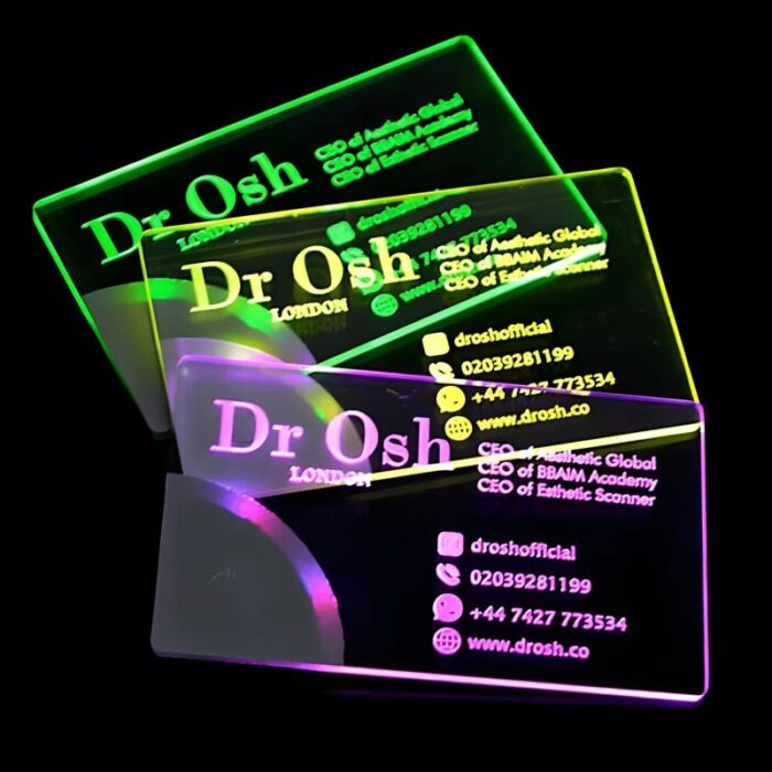 Battery powered coolest business cards lighting up in green, yellow and purple led
