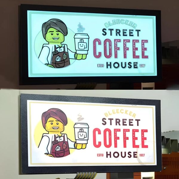 Coffee house logo with male barista split in two, top half shown lighting up fully in dark background, bottom photo showing design with lights on not lighting up