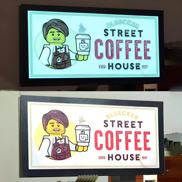 Coffee house logo with male barista split in two, top half shown lighting up fully in dark background, bottom photo showing design with lights on not lighting up