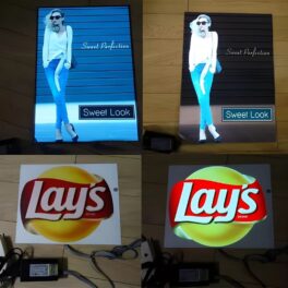 Grid showing two different EL poster designs off and on, the first two showing a fashion ad with a woman leaning on brick, and the bottom two pictures have Lays logo turned off and turned on