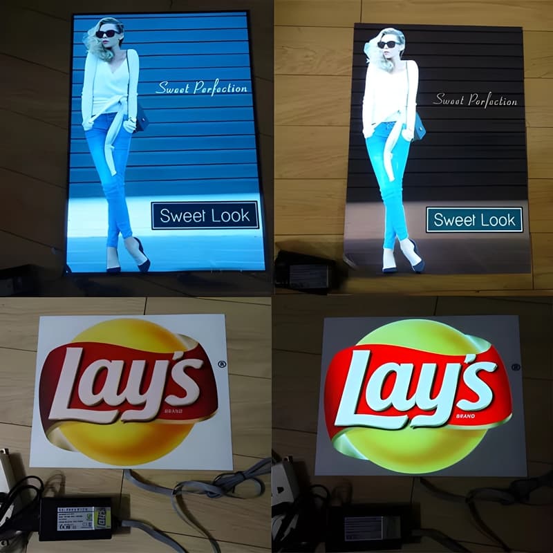 Grid showing two different EL poster designs off and on, the first two showing a fashion ad with a woman leaning on brick, and the bottom two pictures have Lays logo turned off and turned on