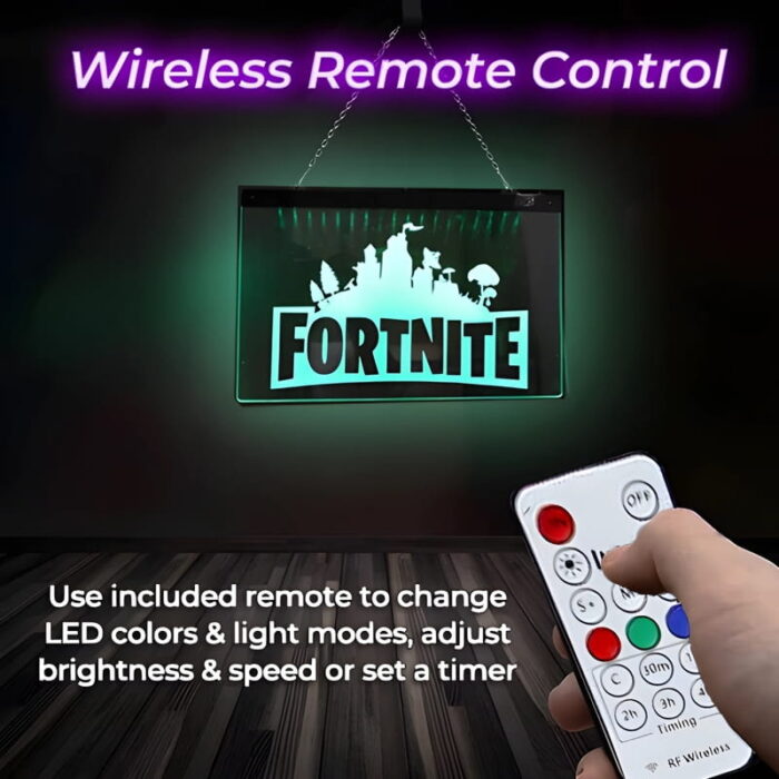 Fortnite LED edge lit hanging acrylic sign with remote to change colors, light modes, and set timer