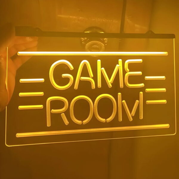 Acrylic LED edge lit sign with 'Game Room' custom design illuminating yellow