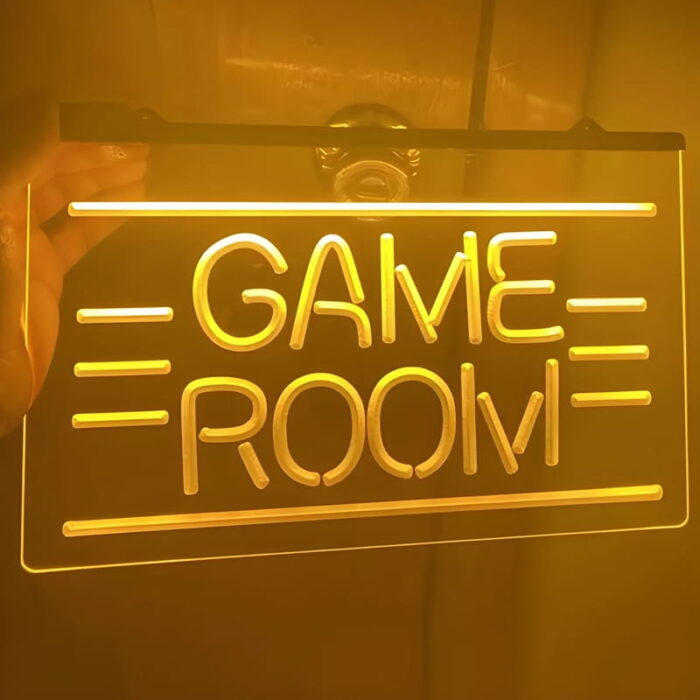 Acrylic LED edge lit sign with 'Game Room' custom design illuminating yellow