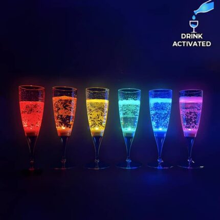 Line up of 6 drink activated LED champagne flutes each lighting up a different rainbow color