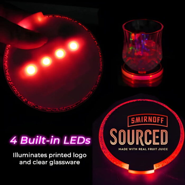 Diagram of led coasters lighting up custom logo and glass