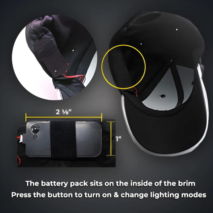 Diagram of LED Baseball hat with hidden battery pack inside pocket