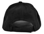 The back of a black baseball hat with a velcro closure for adjustable fit