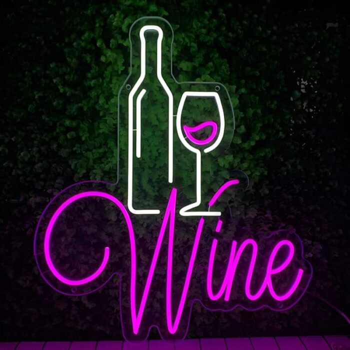 Wine bar restaurant neon sign bright lighting nighttime