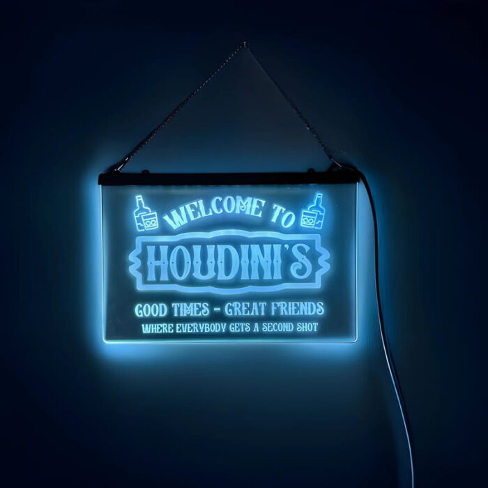 Custom illuminated hanging acrylic welcome sign for Houdini Bar