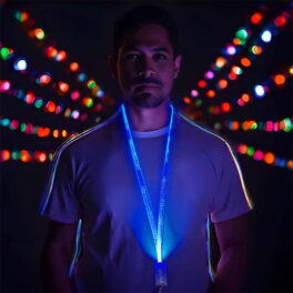 Man wearing custom engraved led lanyard glowing neon blue