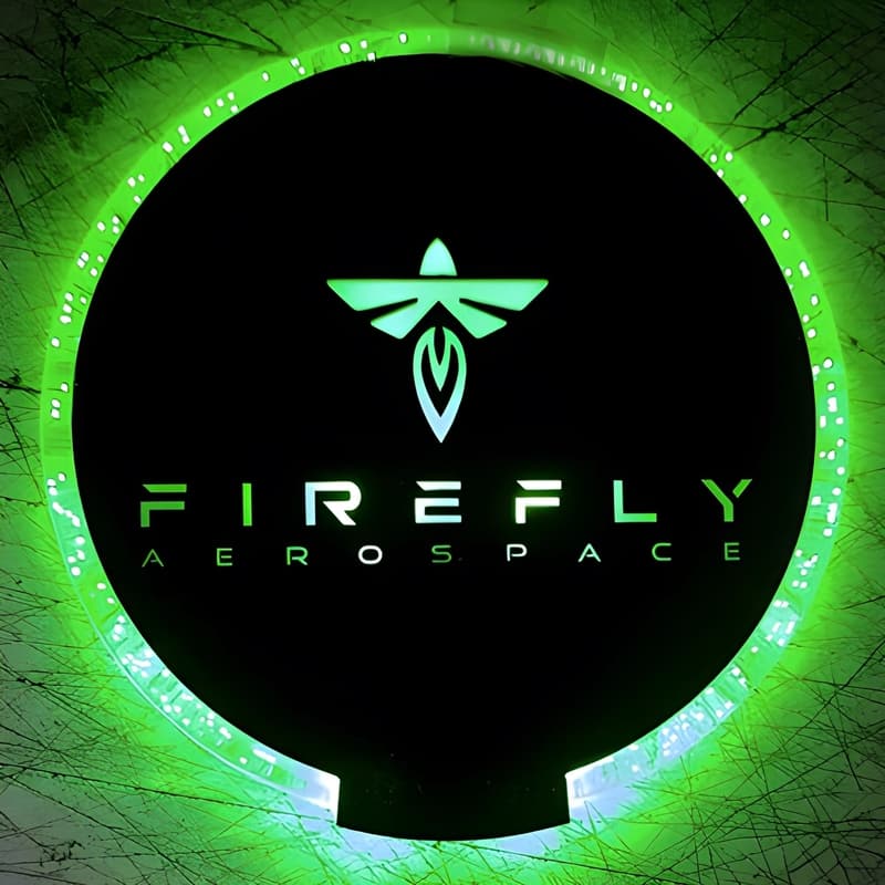 firefly aerospace custom logo on LED coaster glowing bright green