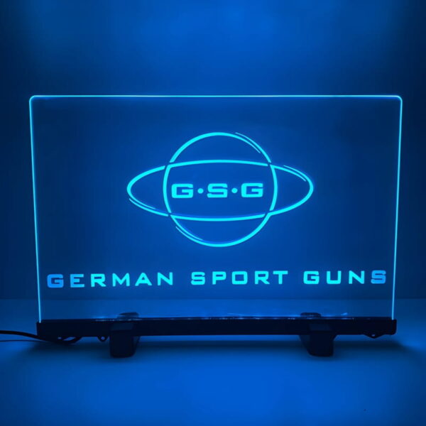 Bright blue LED sign display for German Sport Guns at a business event
