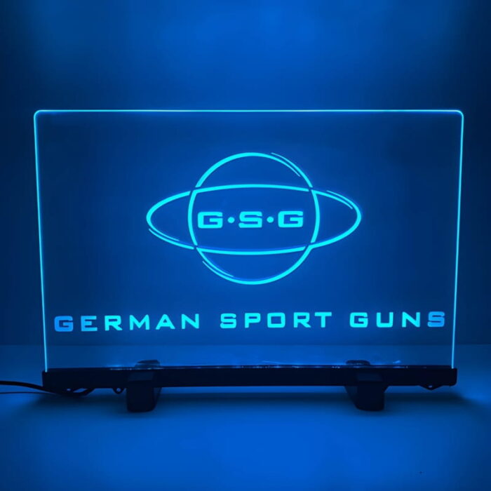 Bright blue LED sign display for German Sport Guns at a business event
