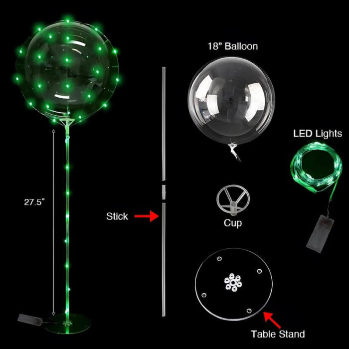 A brightly lit green LED balloon with a table stand