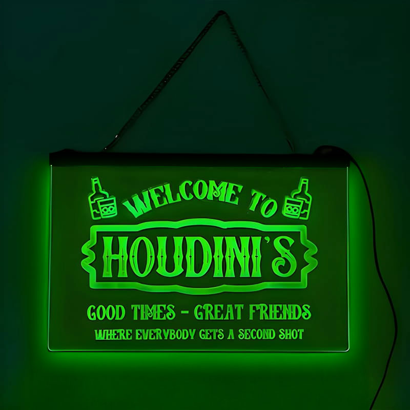 A personalized acrylic hanging light up sign for a bar