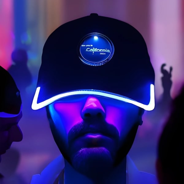 A man in a light up baseball hat, featuring a glowing blue brim and logo, in a dimly lit environment