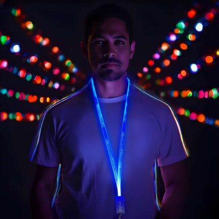 Man wearing custom engraved led lanyard glowing neon blue