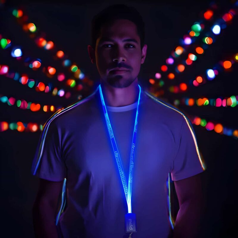 Man wearing custom engraved led lanyard glowing neon blue