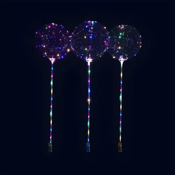 Three light up clear balloons in multi colored LED's, each held by a stick
