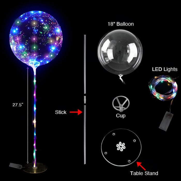 A bright glowing multi-colored LED balloon with a table stand