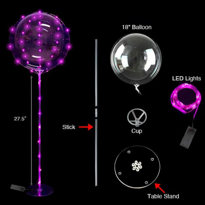 A pink LED light up balloon with a table stand for a centerpiece decoration
