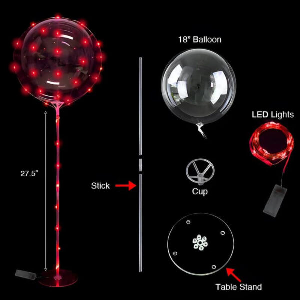 Red glowing lighted balloon with LED lights in a table stand for a centerpiece