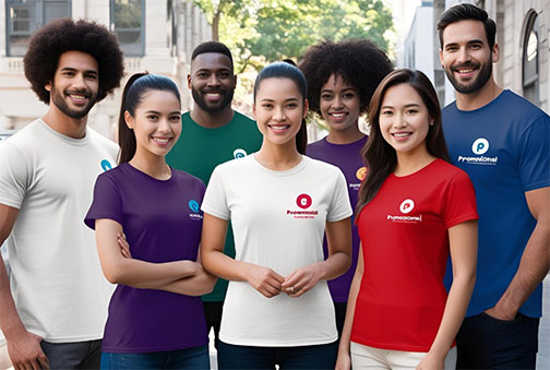 A group of individuals in colorful t-shirts, showcasing a variety of styles and expressions while gathered together