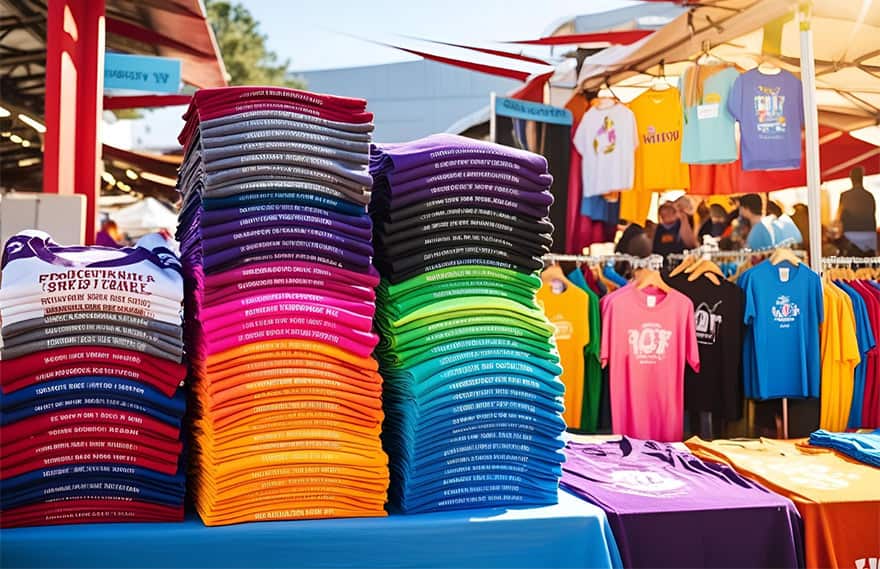 A table displaying a variety of colorful promotional t-shirts arranged neatly