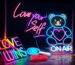 Six different neon signs in dark room with multiple colors lighting up brightly including a blue lollipop, red candy wrapper, on air, teddy bear, a rainbow sign reading "love wins" and a pink sign reading "love your self"